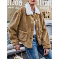 Women Solid Color Plush Borg Collar Warm Coat With Pocket