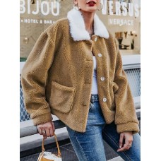 Women Solid Color Plush Borg Collar Warm Coat With Pocket