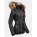 Women Solid Color Zipper Faux Fur Collar Hooded Coat With Pocket