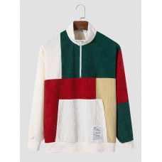 Men Color Block Patchwork Half Zip Corduroy Pullover Sweatshirts