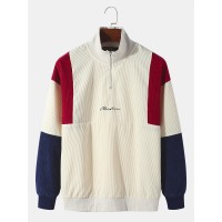 Men Corduroy Colorblock Patchwork Letter Embroidered Zipper Pullover Sweatshirts