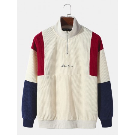 Men Corduroy Colorblock Patchwork Letter Embroidered Zipper Pullover Sweatshirts