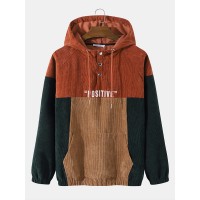 Men Corduroy Patchwork Contrast Color Embroidery Letter Hooded Sweatshirt