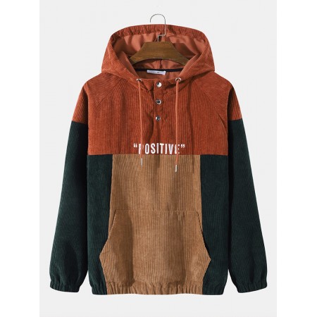 Men Corduroy Patchwork Contrast Color Embroidery Letter Hooded Sweatshirt