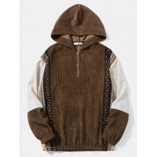 Men Corduroy Patchwork Ethnic Style Contrast Color Casual Hooded Sweatshirt