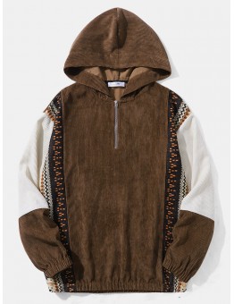 Men Corduroy Patchwork Ethnic Style Contrast Color Casual Hooded Sweatshirt