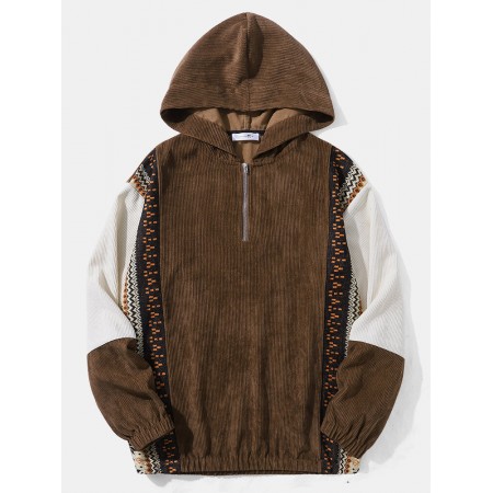 Men Corduroy Patchwork Ethnic Style Contrast Color Casual Hooded Sweatshirt