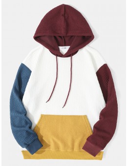 Men Knitted Patchwork Drawstring Kangaroo Pocket Hooded Sweatshirt