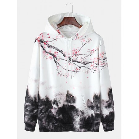 Mens Cheerry Landscape Print Kangaroo Pocket Drawstring Hoodies