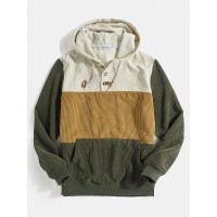 Mens Corduroy Color Block Half Button Kangaroo Pocket Casual Drawstring Hoodies