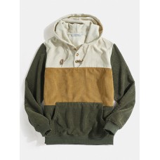 Mens Corduroy Color Block Half Button Kangaroo Pocket Casual Drawstring Hoodies