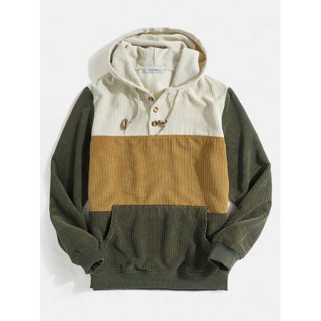 Mens Corduroy Color Block Half Button Kangaroo Pocket Casual Drawstring Hoodies