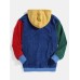 Mens Corduroy Colorblock Patchwork Half Button Pouch Pocket Drawstring Hoodies