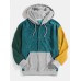 Mens Corduroy Colorblock Patchwork Half Button Pouch Pocket Drawstring Hoodies