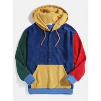 Mens Corduroy Colorblock Patchwork Half Button Pouch Pocket Drawstring Hoodies