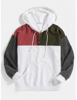 Mens Corduroy Patchwork Half Button Pouch Pocket Drawstring Hoodies