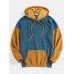 Mens Corduroy Solid Color Patchwork Drop Shoulder Kangaroo Pocket Casual Hoodies