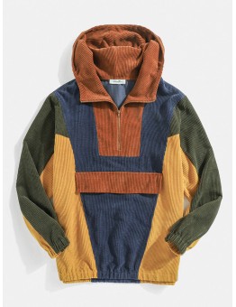 Mens Designer Patchwork Corduroy Half Button Pullover Hoodies