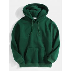 Mens Green Long Sleeve Drawstring Hoodies With Kangaroo Pocket