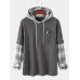 Mens Patchwork Plaid Contrast Faux Twinset Casual Drawstring Hoodies With Pocket