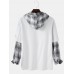 Mens Patchwork Plaid Contrast Faux Twinset Casual Drawstring Hoodies With Pocket