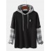 Mens Patchwork Plaid Contrast Faux Twinset Casual Drawstring Hoodies With Pocket