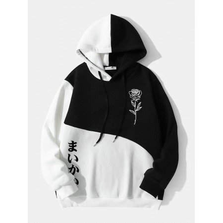 Mens Pattern Rose Japanese Letter Contrast Color Patchwork Hoodies