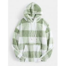 Mens Plaid Fluffy Plush Kangaroo Pocket Long Sleeve Hoodies