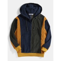 Mens Retro Colorblock Stitching Corduroy Drawstring Pullover Hoodies