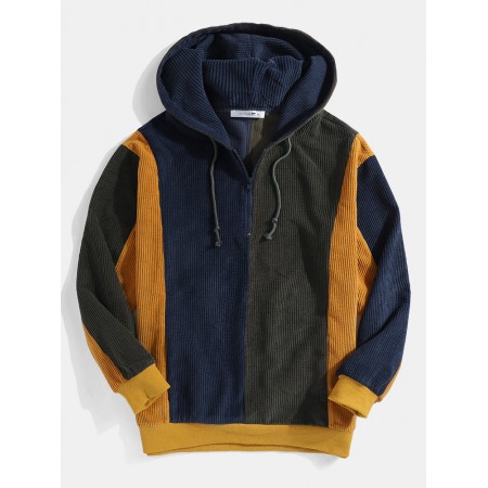 Mens Retro Colorblock Stitching Corduroy Drawstring Pullover Hoodies