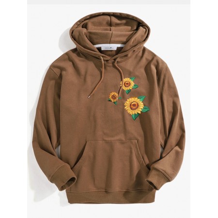 Mens Sunflower Embroidery Pattern Kangaroo Pocket Long Sleeve Hoodies