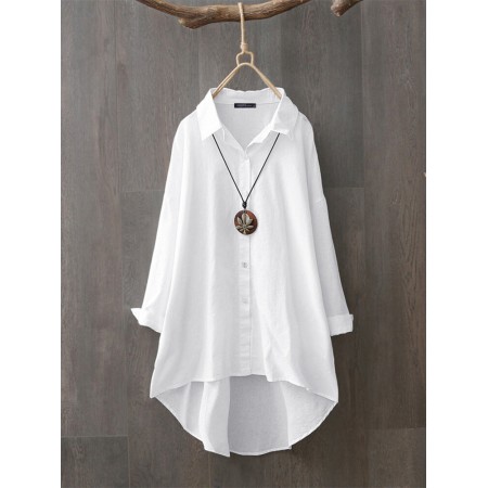 100% Cotton Casual Loose Lapel Solid Shirts For Women