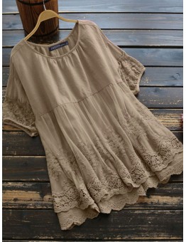 100% Cotton Round Neck Simple And Comfortable Lace Stitching Blouse