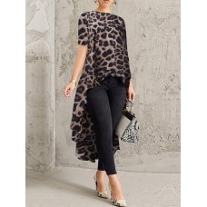 100% Polyester Leopard Print High Low Blouse For Women