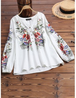 Casual Floral Print V-neck Long Sleeve Elastic Cuffs Ethnic Style Loose Button Blouse