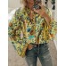 Ethnic Floral Print V Neck Long Sleeved Bohemian Shirts For Women