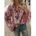 Ethnic Floral Print V Neck Long Sleeved Bohemian Shirts For Women