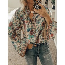 Ethnic Floral Print V Neck Long Sleeved Bohemian Shirts For Women