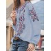 Ethnic Style Print Round Neck Long Sleeve Bohemia Button Blouse For Women