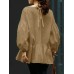 Leisure Puff Sleeve Back Drawstring Pleated Loose Blouse