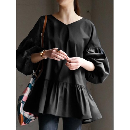 Leisure Puff Sleeve Back Drawstring Pleated Loose Blouse