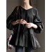 Leisure Puff Sleeve Back Drawstring Pleated Loose Blouse