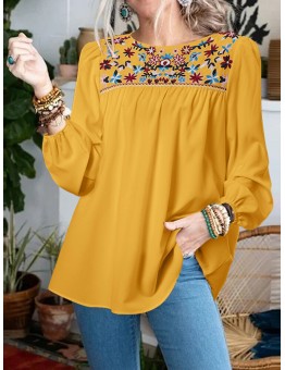 O-Neck Floral Bohemian Leisure Full Sleeve Blouses For Women