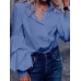 Solid Color Turn-down Collar Long Puffs Sleeve Blouse For Women