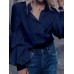 Solid Color Turn-down Collar Long Puffs Sleeve Blouse For Women