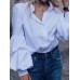 Solid Color Turn-down Collar Long Puffs Sleeve Blouse For Women