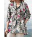 Women 100% Cotton V-Neck Floral Top Vintage Button Cuffs Three Quarter Sleeve Shirt