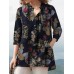 Women 100% Cotton V-Neck Floral Top Vintage Button Cuffs Three Quarter Sleeve Shirt