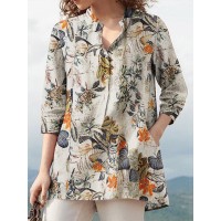 Women 100% Cotton V-Neck Floral Top Vintage Button Cuffs Three Quarter Sleeve Shirt