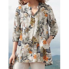 Women 100% Cotton V-Neck Floral Top Vintage Button Cuffs Three Quarter Sleeve Shirt